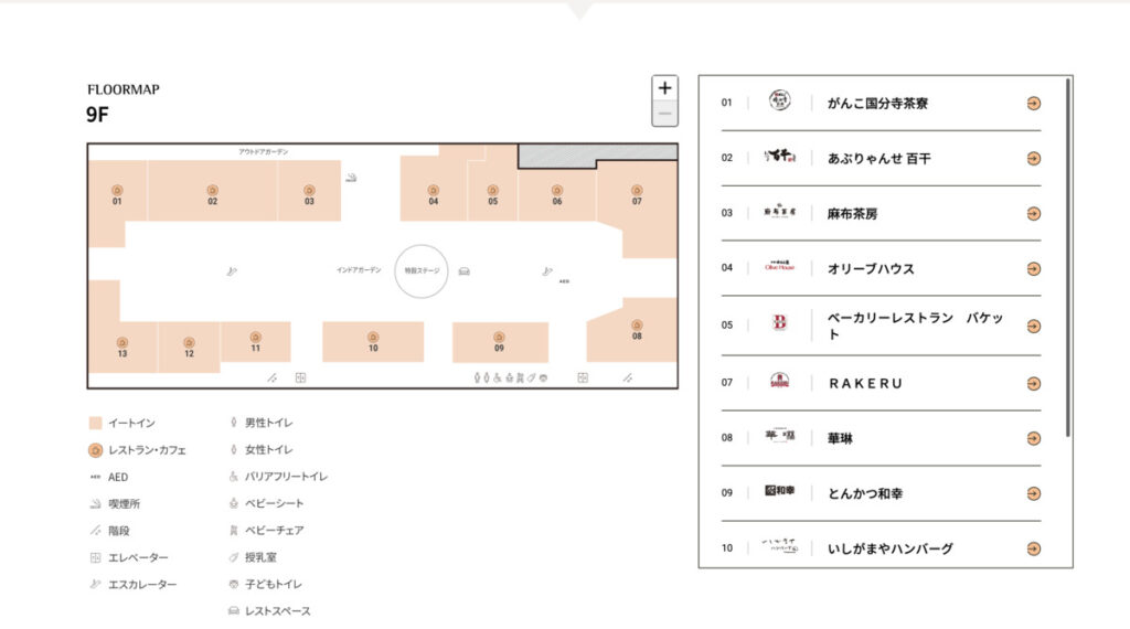 セレオ国分寺9Fのフロアガイド (2025年5月10日時点)
