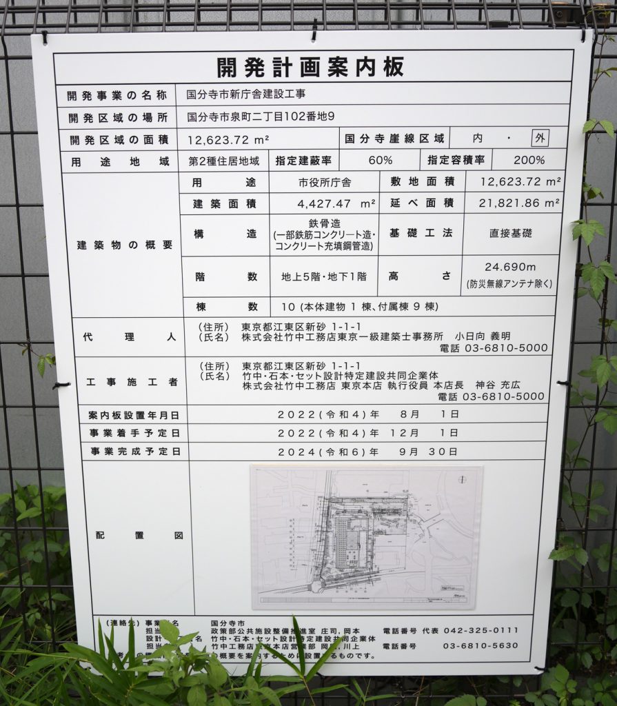 2022年8月に設置された国分寺市新庁舎の開発計画案内板