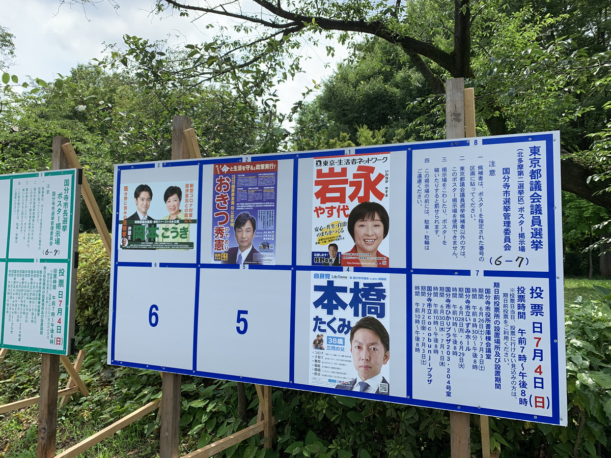 東京都議選(北多摩第二)の候補者(6/25時点のポスター)